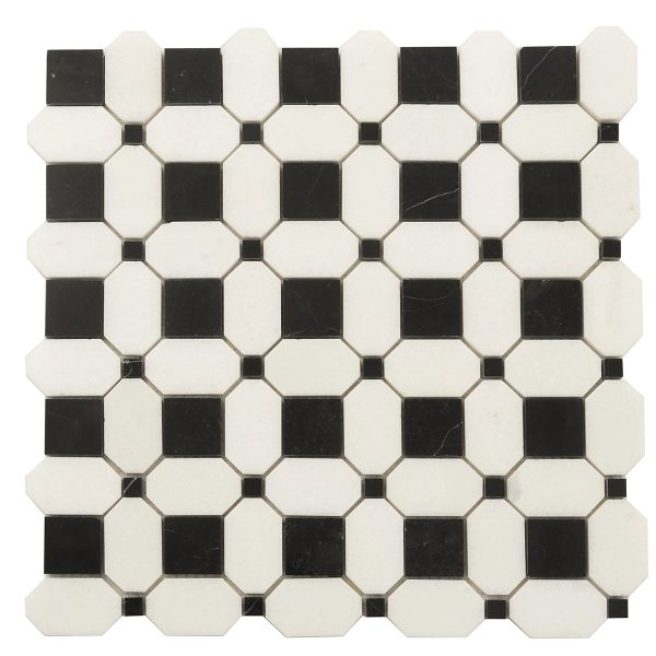 Thassos Octagon with Nero Marquina Squares Marble Mosaic Tile Sample For Cheap