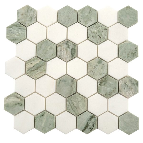 Envy Green & White Marble Hexagon Mosaic Tile For Discount - Image 2