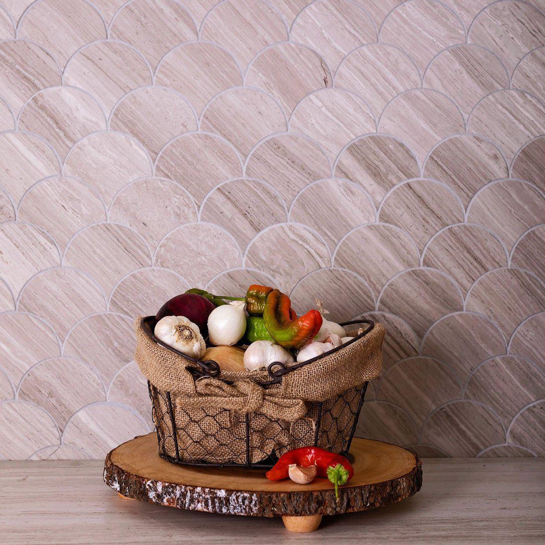 Fan Wooden Beige Marble Mosaic Tile Cheap